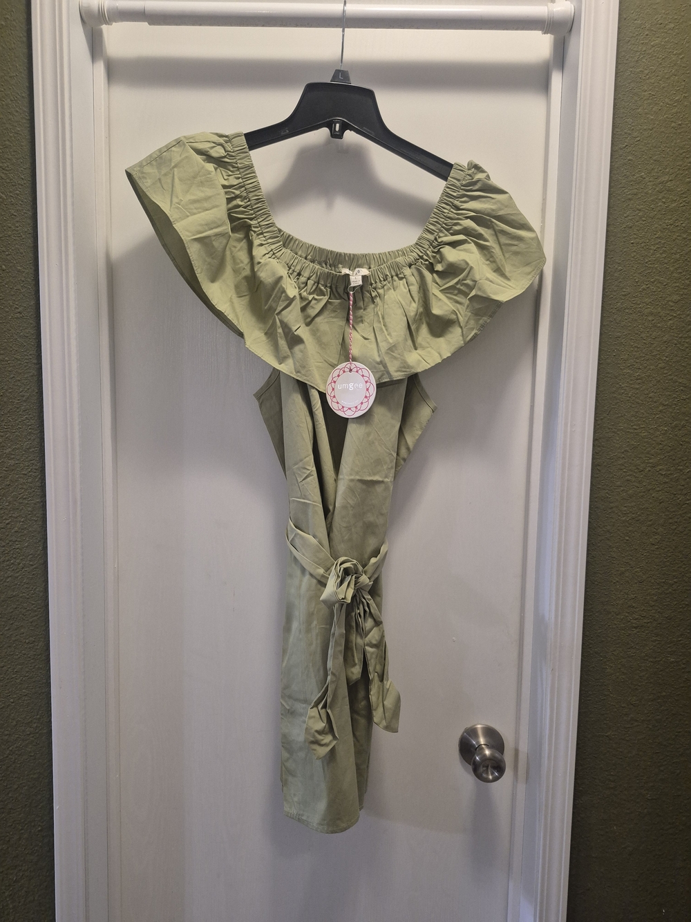 Off-Shoulder Ruffle Tie-Waist Top in Sage Green